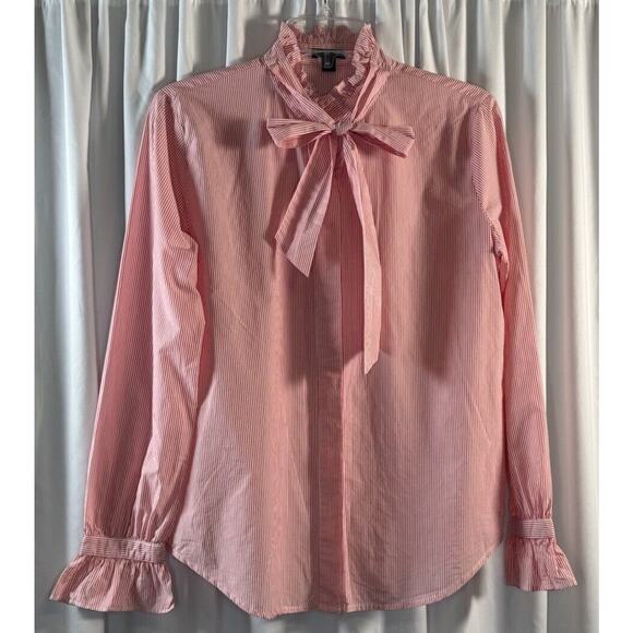 Ann Taylor Striped Tie Neck Blouse Cotton Red White S Chic whimsical 80-00 - Picture 13 of 15
